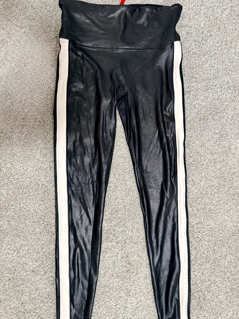 Spanx Black Faux Leather Leggings with White Side Stripes